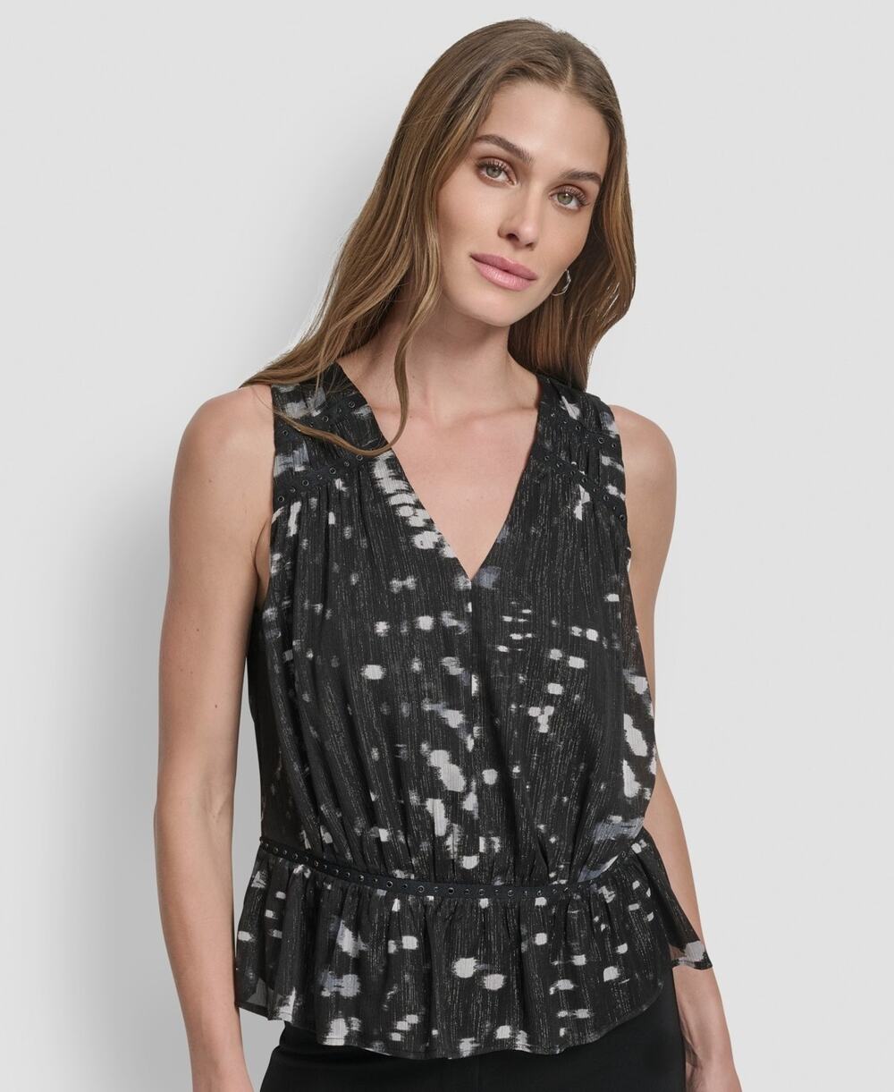 Dkny Top Women Small Black Abstract Print Peplum Hem V-Neck Blouse Boho Chic NWT